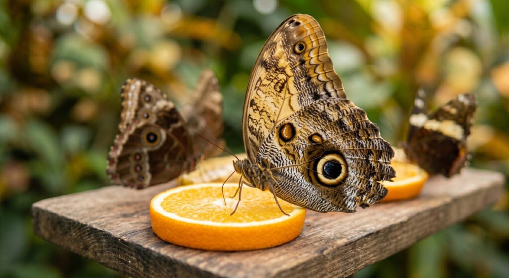 Caligo, rekordzista z naszej dżungli, odpoczywa przy karmniku z pomarańczami.